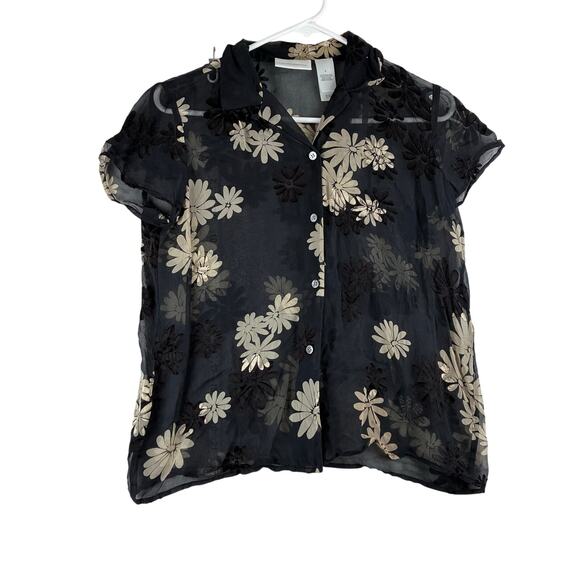 Liz Claiborne Tops - Vintage Liz Claiborne Sheer Button Up Blouse Women's 4 Black Floral Career Silk